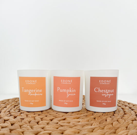 Set of 3 Autumn Scented Candles: Pumpkin, Chestnut and Tangerine